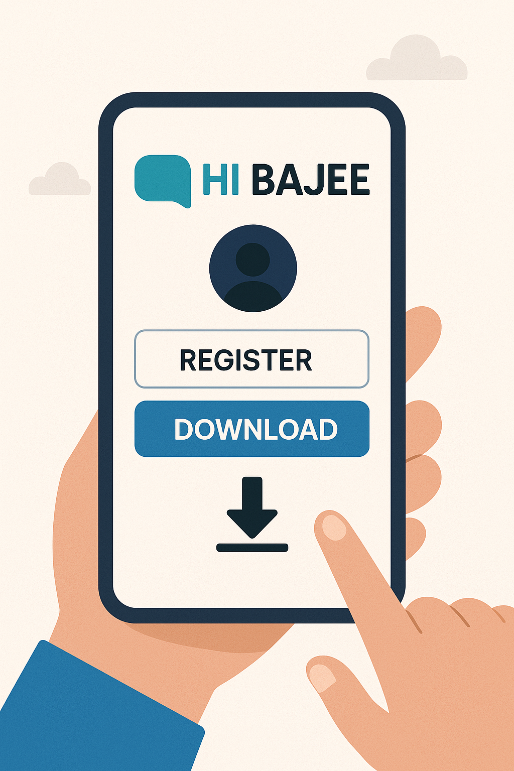 Hi Bajee app with register and download buttons